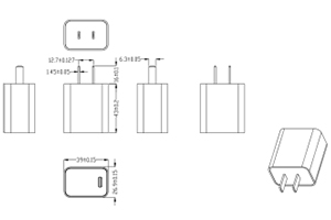 The Drawing of 20W 5V 3A 9V 2.22A 12V 1.67A USB C PD charger
