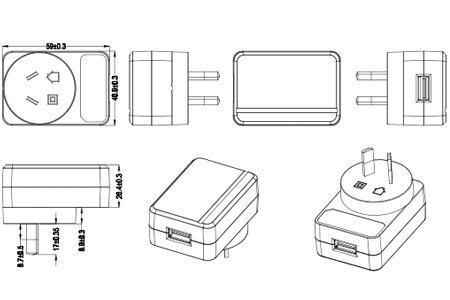 Drawing of 12W AU Plug Wall Mount Power Adapters