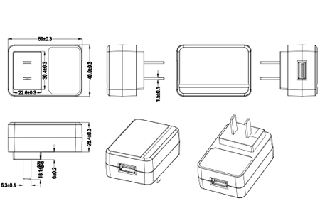 Drawing of 12W China Plug Wall Mount Power Adapters