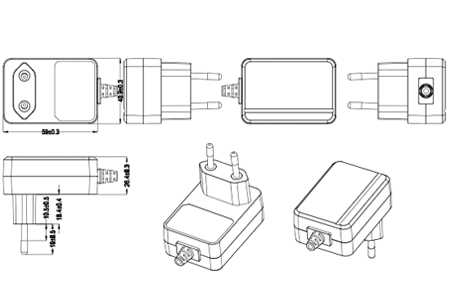 Drawing of 12W EU Plug Wall Mount Power Adapters