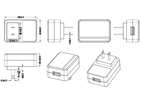 Drawing of 12W Japan Plug Wall Mount Power Adapters