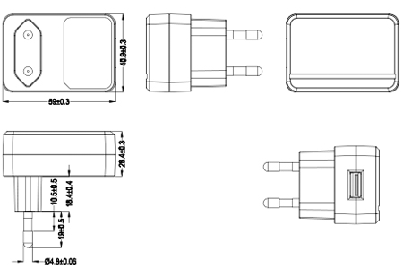 Drawing of 12W Korea Plug Wall Mount Power Adapters