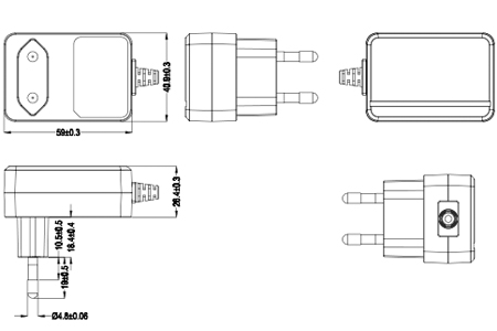 Drawing of 12W Korea Plug Wall Mount Power Adapters
