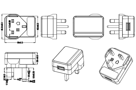 Drawing of 12W UK Plug Wall Mount Power Adapters