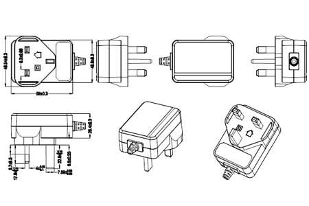 Drawing of 12W UK Plug Wall Mount Power Adapters