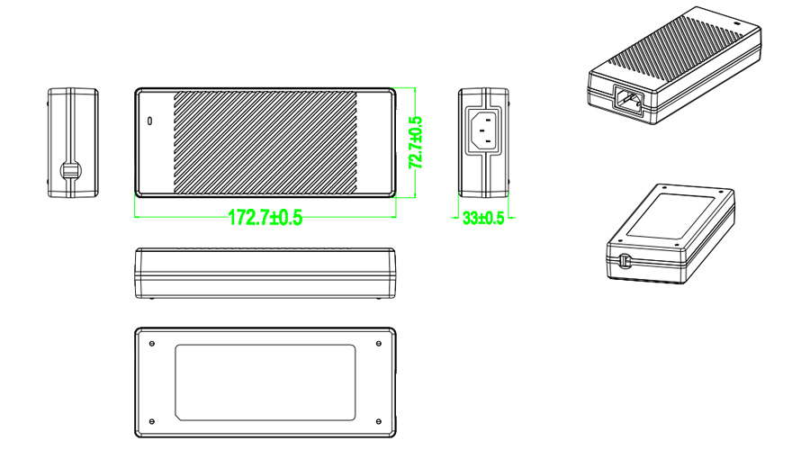 Drawing of 180W 12V 12.5A 24V 7.5A 36V 5A 48V 3.75A Desktop Power Adapter