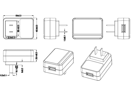 Drawing of 20W China Plug Wall Mount Power Adapters