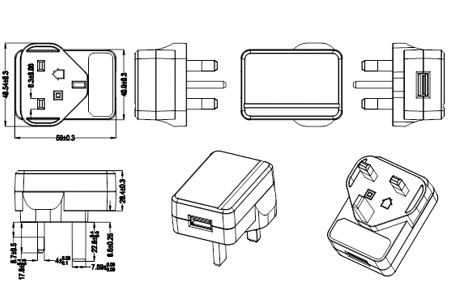 Drawing of 20W UK Plug Wall Mount Power Adapters
