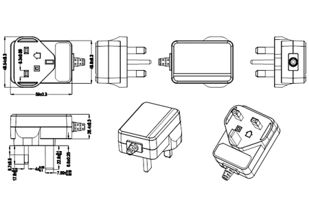 Drawing of 20W UK Plug Wall Mount Power Adapters