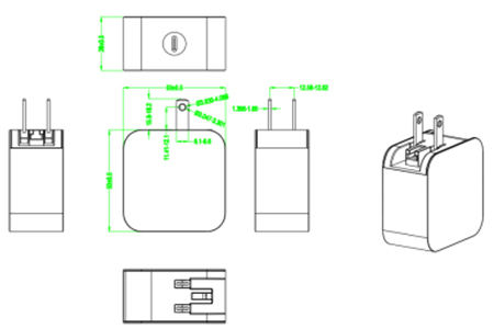 Drawing of 30W 5V 3A 9V 3A 12V 2A 15V 2A 20V 1.5A USB C PD charger