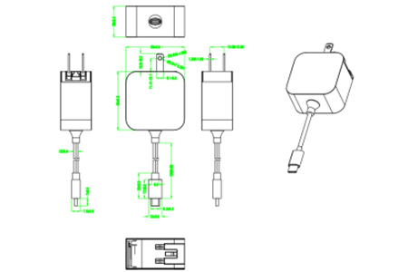 Drawing of 30W 5V 3A 9V 3A 12V 2A 15V 2A 20V 1.5A USB C PD charger