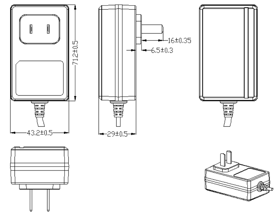 Drawing of 30W China Plug Wall Mount Power Adapters