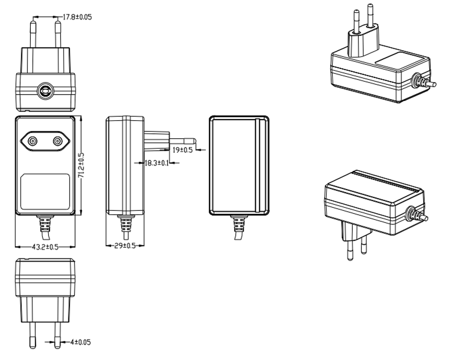 Drawing of 30W EU Plug Wall Mount Power Adapters