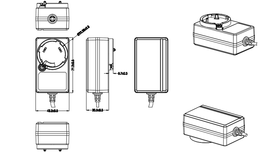 Drawing of 30W Interchangeable plug Power Adapter