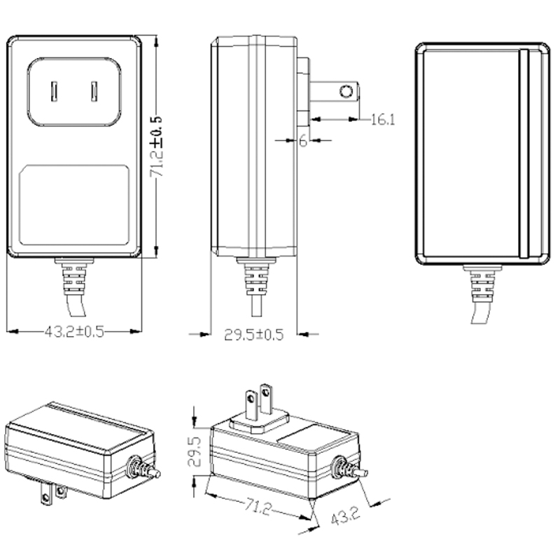 Drawing of 30W Japan Plug Wall Mount Power Adapters