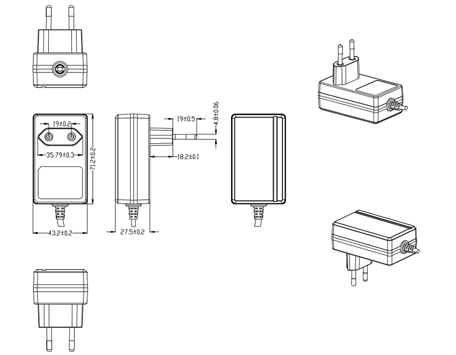 Drawing of 30W Korea Plug Wall Mount Power Adapters