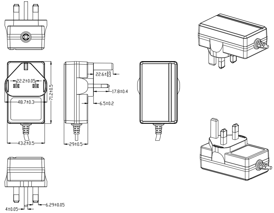 Drawing of 30W UK Plug Wall Mount Power Adapters
