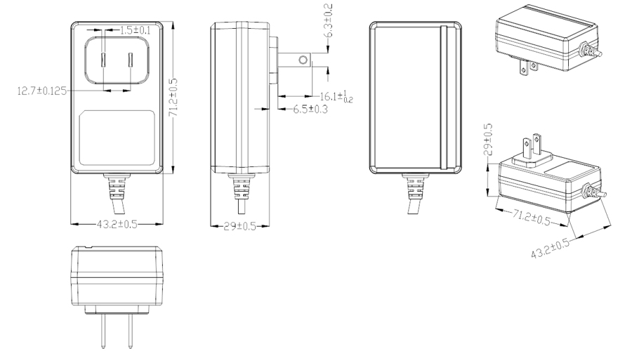 Drawing of 30W US plug Wall Mount Power Adapters