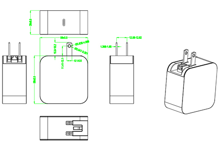 Drawing of 45W 5V 3A 9V 3A 12V 3A 15V 3A 20V 2.25A USB C PD charger