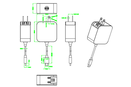 Drawing of 45W 5V 3A 9V 3A 12V 3A 15V 3A 20V 2.25A USB C PD charger