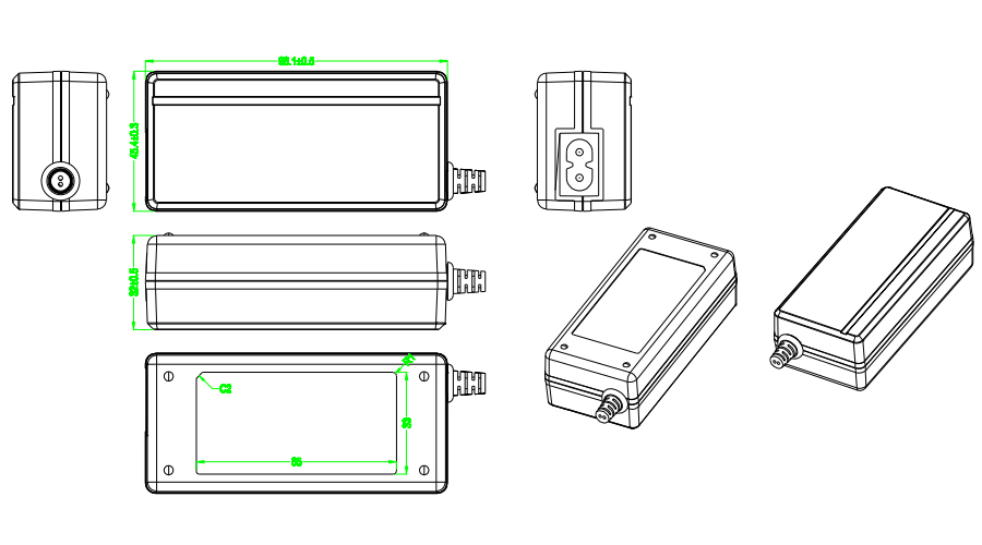Drawing of 48W 9V 5A 12V 4A 18V 2.5A 24V 2A 48V 1A Desktop Power Adapter