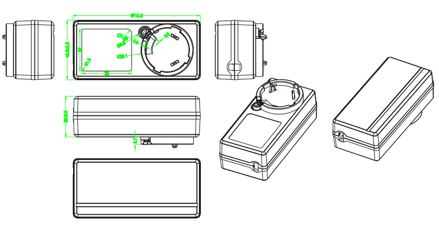 Drawing of 48W Interchangeable plug Power Adapter