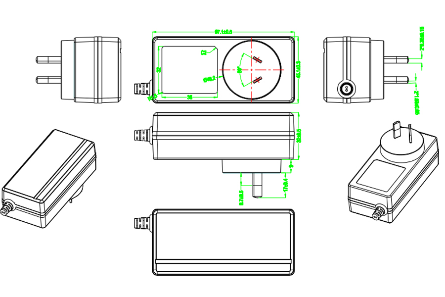 Drawing of 48W Plug Wall Mount Power Adapters