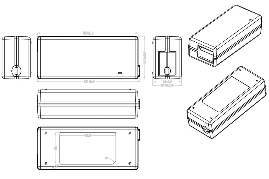 Drawing of 65W 9V 6A 12V 5A 17V 3A 19V 3.16A 24V 2.5A Desktop Power Adapter