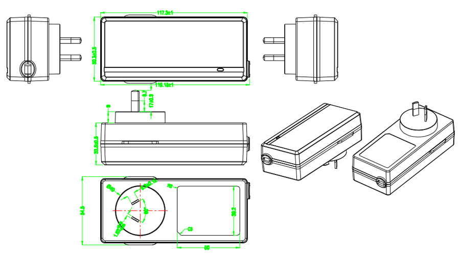 Drawing of 65W AU Plug Wall Mount Power Adapters