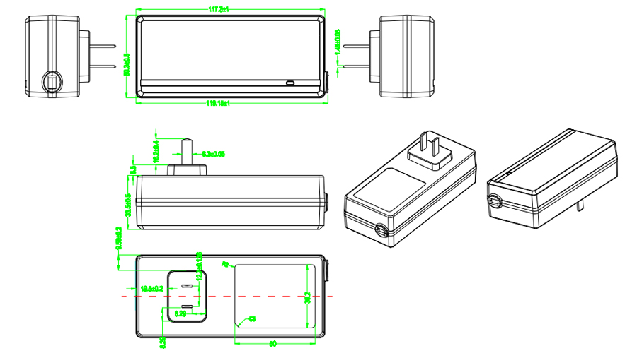 Drawing of 65W China Plug Wall Mount Power Adapters