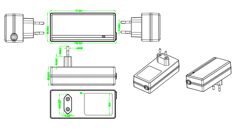 Drawing of 65W EU Plug Wall Mount Power Adapters