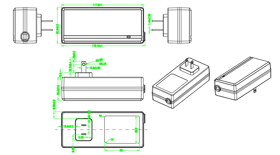Drawing of 65W Japan Plug Wall Mount Power Adapters