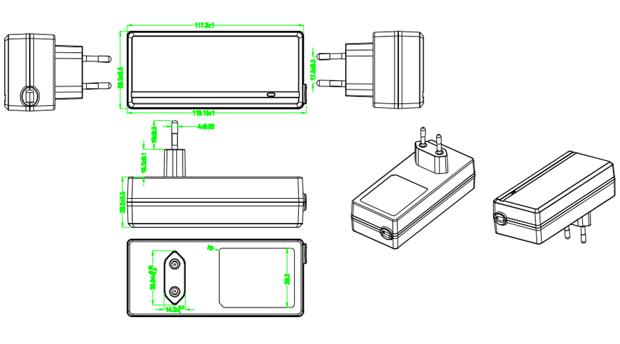 Drawing of 65W Korea Plug Wall Mount Power Adapters