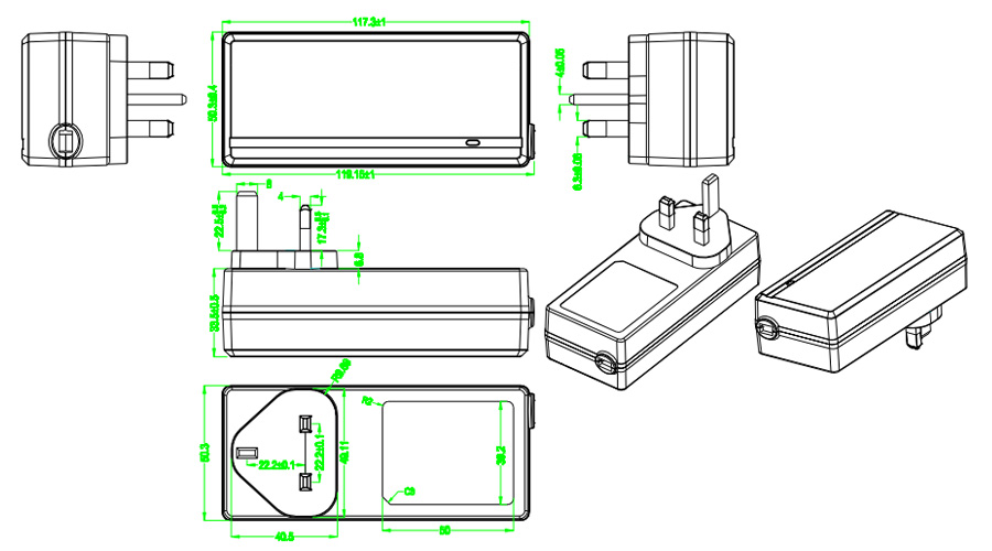 Drawing of 65W UK Plug Wall Mount Power Adapters
