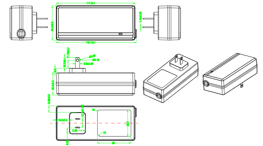 Drawing of 65W US Plug Wall Mount Power Adapters