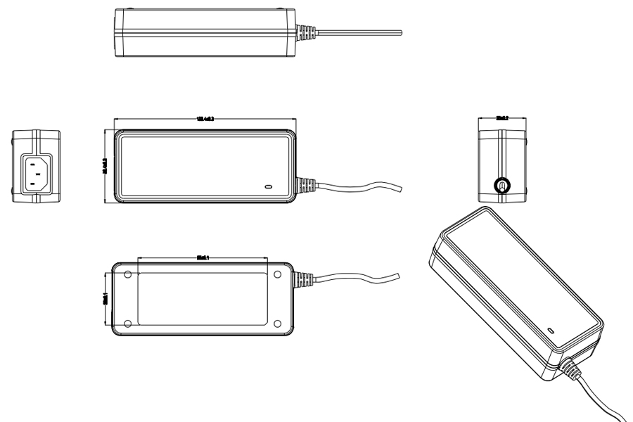 Drawing of 90W 12V 7A 19V 4A 24V 3A 48V 1.5A Desktop Power Adapter