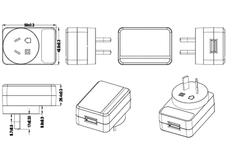 Drawing of 20W AU Plug Wall Mount Power Adapters