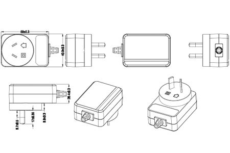 Drawing of 20W AU Plug Wall Mount Power Adapters