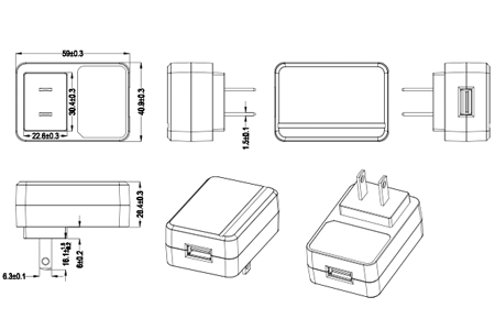 Drawing of 20W US Plug Wall Mount Power Adapters