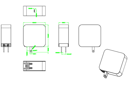 The Drawing of 100W 5V 3A 9V 3A 12V 3A 15V 3A 20V 5A USB C PD charger