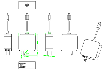 The Drawing of 100W 5V 3A 9V 3A 12V 3A 15V 3A 20V 5A USB C PD charger