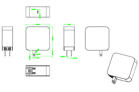 The Drawing of 60W 5V 3A 9V 3A 12V 3A 15V 3A 20V 3A USB C PD charger